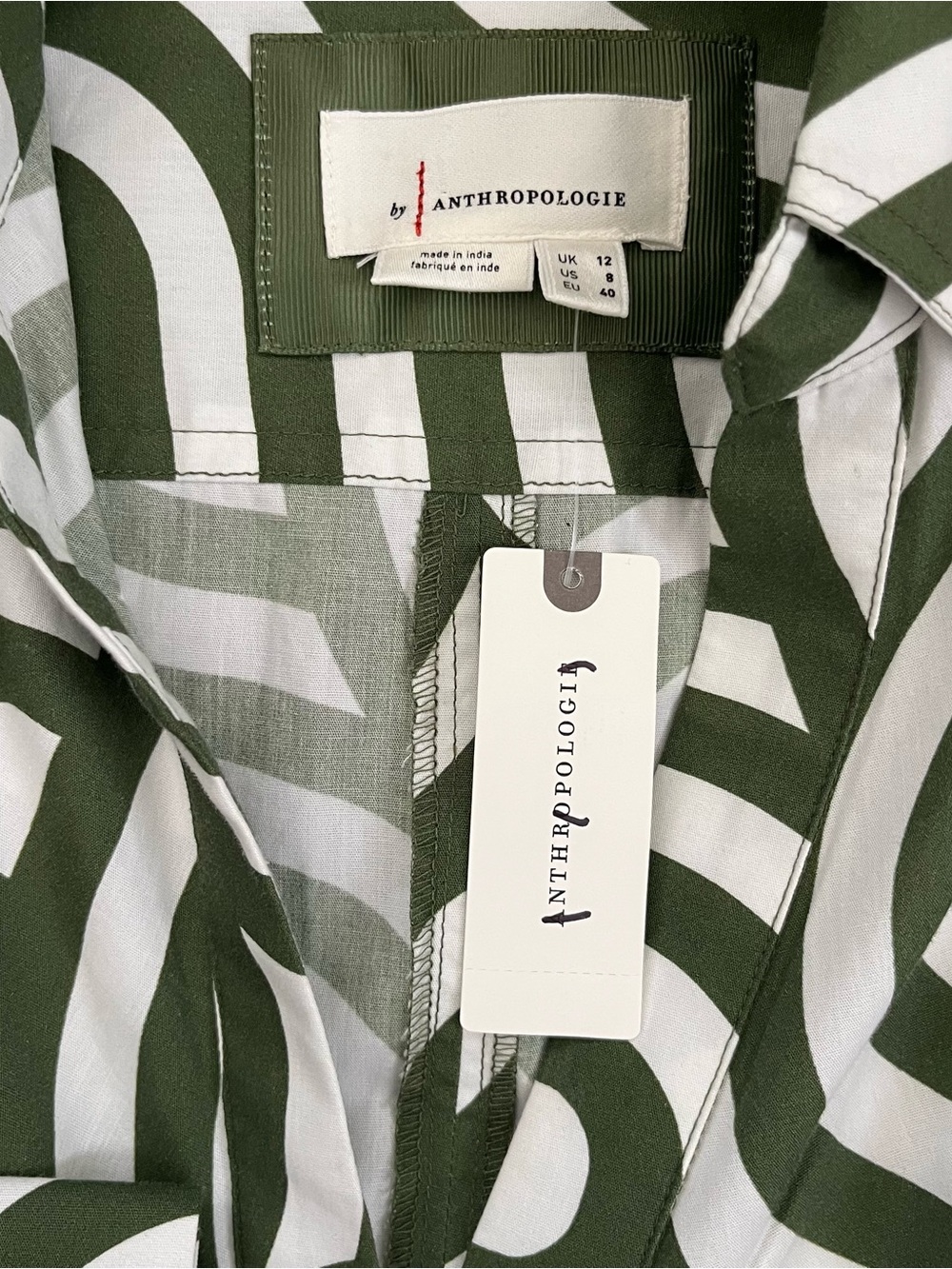 Anthropologie Green Geometric Poplin Shirt Dress Button Front Cotton Size 8 NWT - Picture 8 of 12